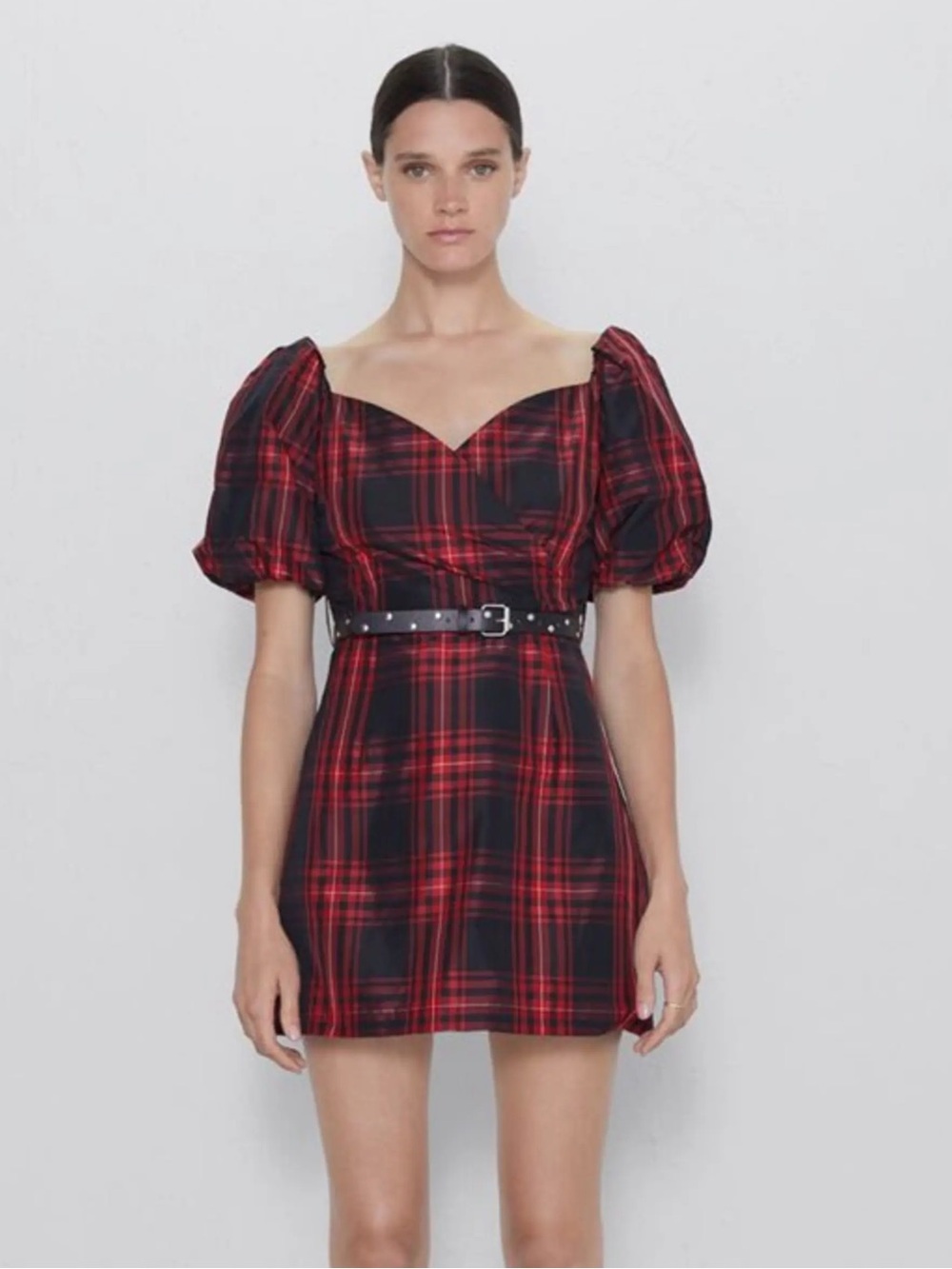 Zara puff sleeve plaid mini dress size medium